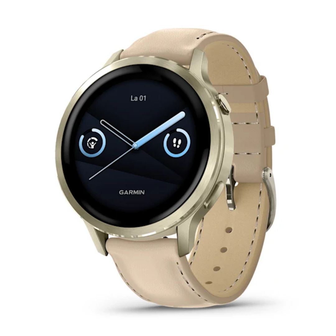 Garmin Venu 4, vaalea kulta ja vaalea hiekanvärinen nahkaranneke, Amoled GPS-älykello 010-03013-03