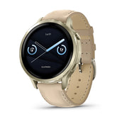 Garmin Venu 4, vaalea kulta ja vaalea hiekanvärinen nahkaranneke, Amoled GPS-älykello 010-03013-03