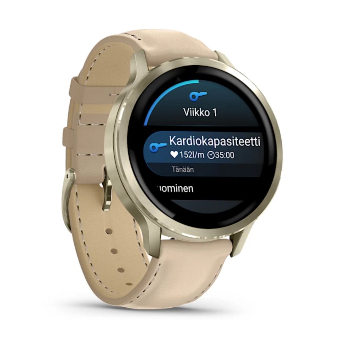 Garmin Venu 4, vaalea kulta ja vaalea hiekanvärinen nahkaranneke, Amoled GPS-älykello 010-03013-03