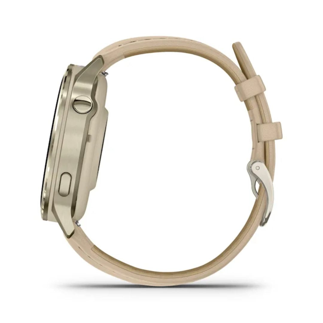 Garmin Venu 4, vaalea kulta ja vaalea hiekanvärinen nahkaranneke, Amoled GPS-älykello 010-03013-03