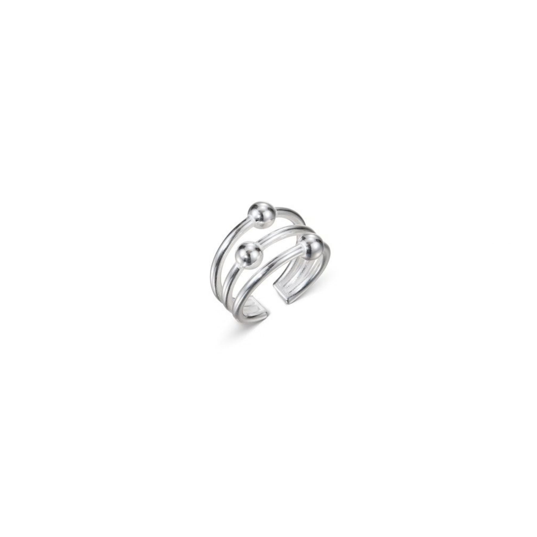 Kalevalan hopeinen ear cuff korvakoru, jossa on avoin kaareva rakenne, rinnakkaiset osat ja pienet palloyksityiskohdat.