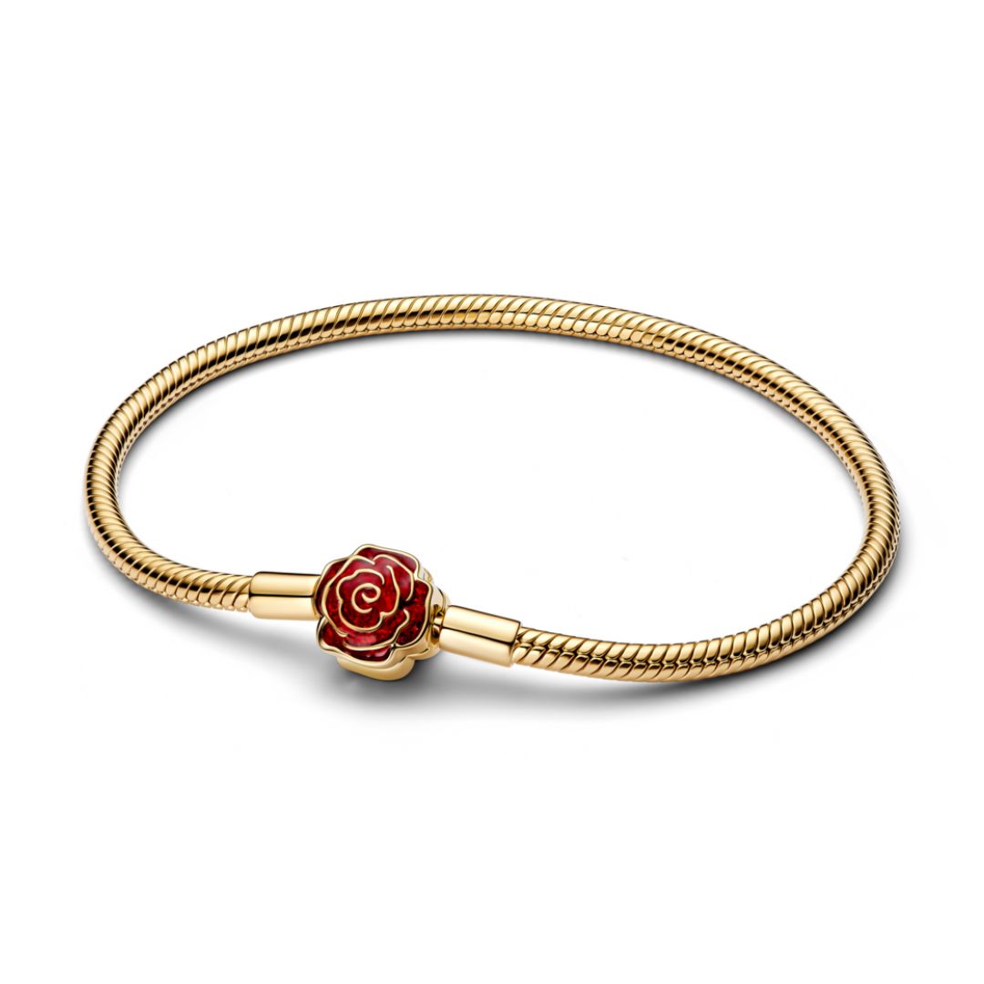 Pandora Disney Beauty and the Beast Enchanted Rose Snake Chain Bracelet, Yellow Gold Plated 564019C01