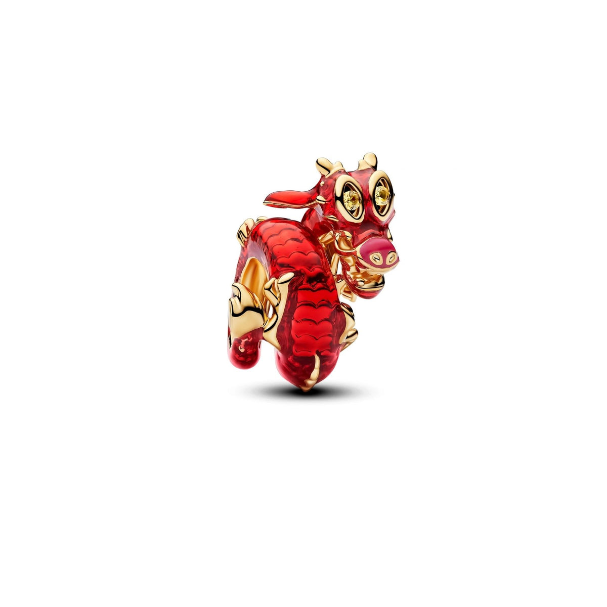Pandoran keltakullattu Disney Mulan Mushu -hela, punainen lohikäärme ja säihkyvät kivet valkoisella taustalla