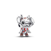 Pandora hopeinen Stitch poroasuinen hela, edestä näkyvät suuret silmät, sarvet ja punaiset yksityiskohdat