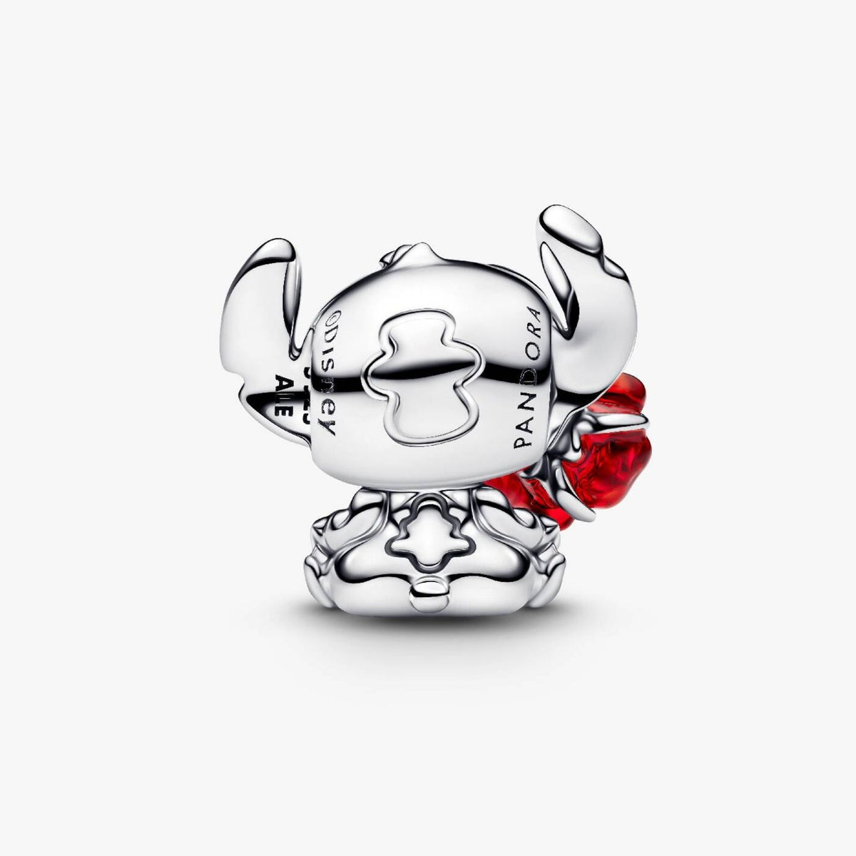 Pandoran hopeinen Disney Stitch hela, jossa Stitch pitelee punaista Murano lasiruusua.