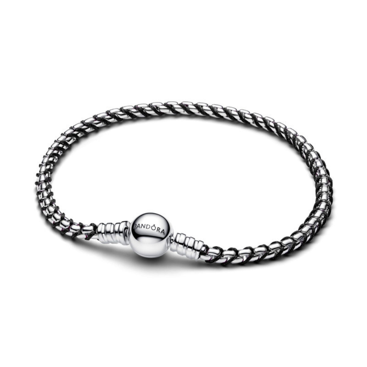 ヒコ　PANDORA ブレスレット シルバー21cm Pandora Moments Black Cord Box Chain Bracelet, Sterling Silver, 593816