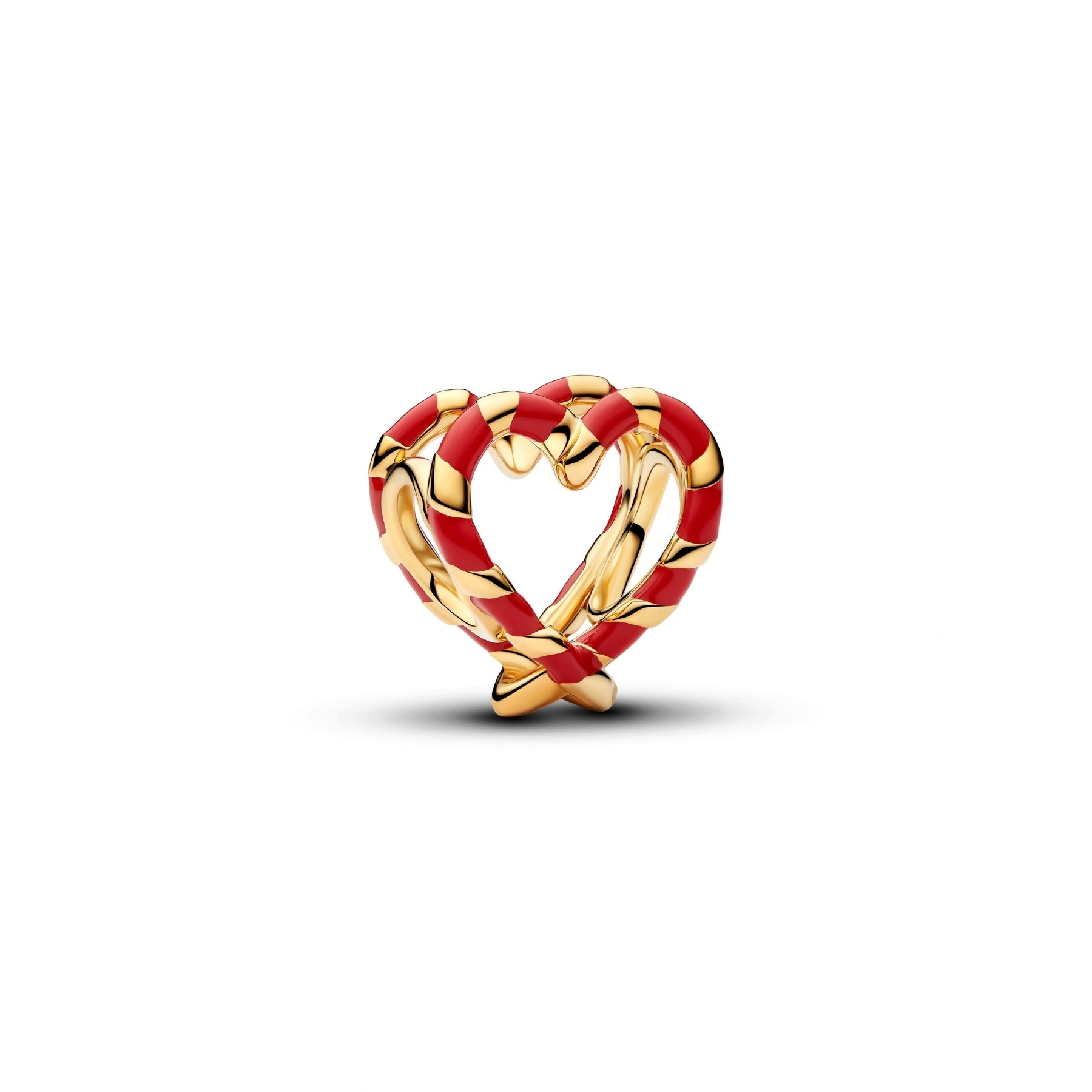 Pandora Moments keltakullattu sydänhela punavalkoisilla Candy Cane -emaliyksityiskohdilla valkoisella taustalla