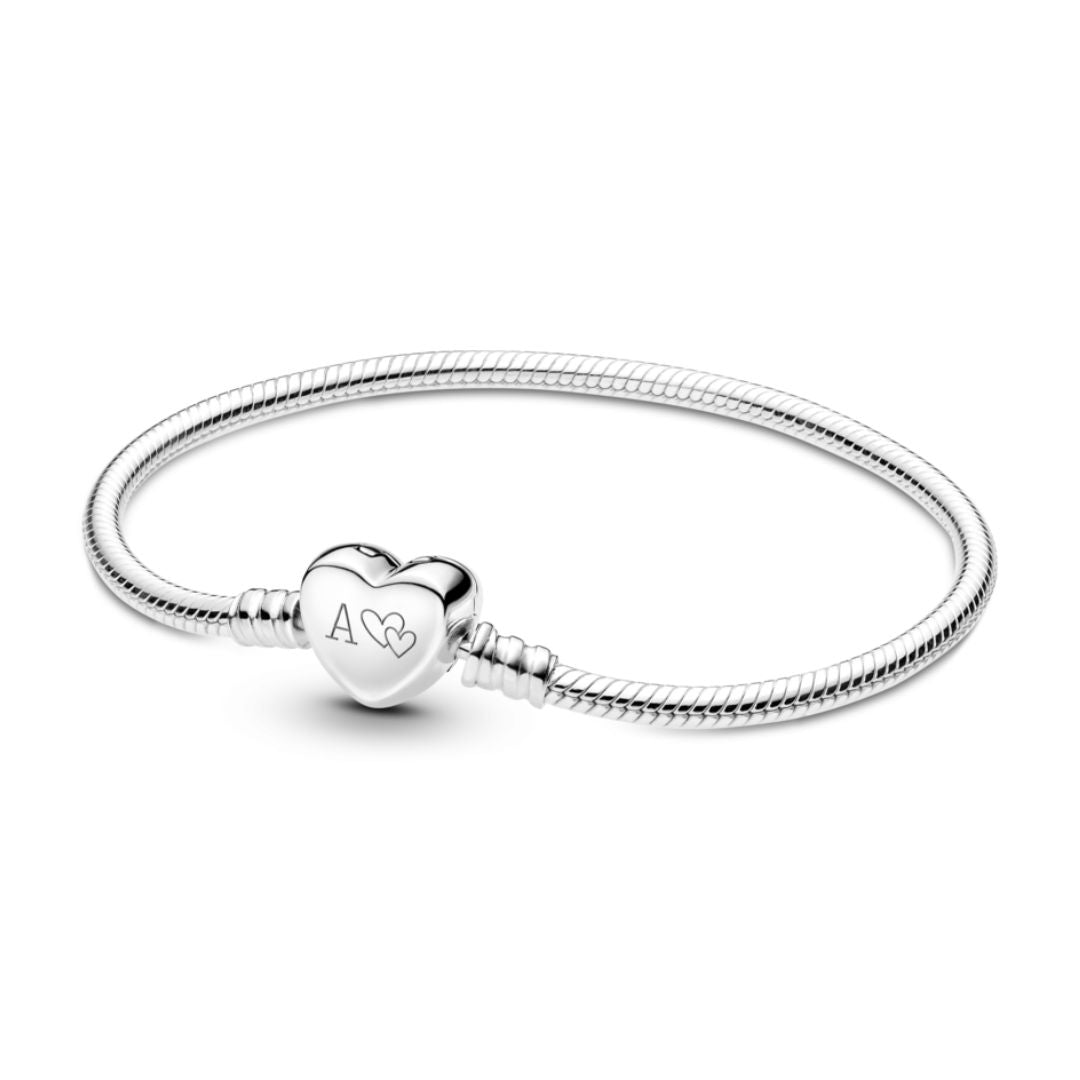 Pandora Moments Engravable Heart Clasp Snake Chain rannekoru, hopea, 599206C00