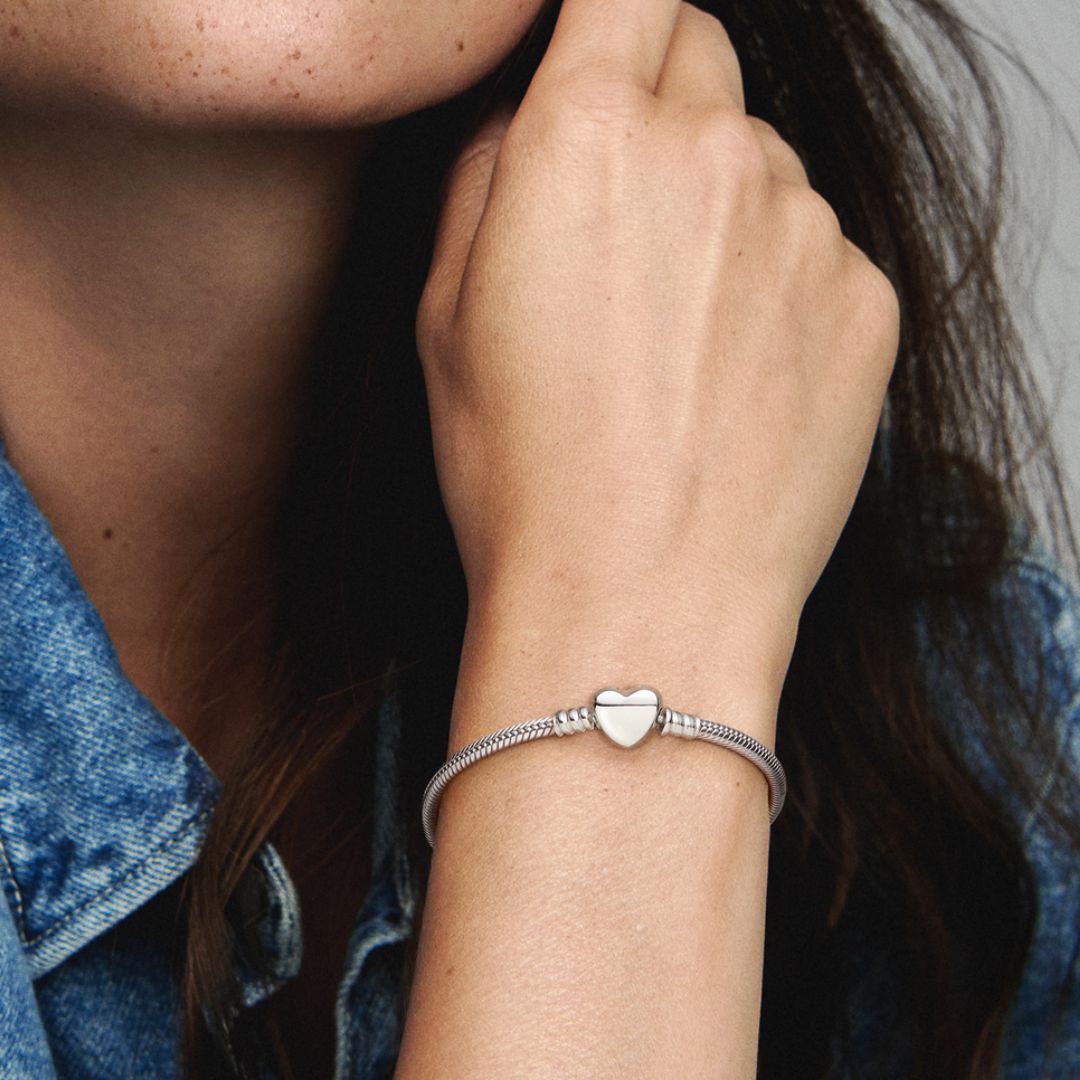 Pandora Moments Engravable Heart Clasp Snake Chain rannekoru, hopea, 599206C00