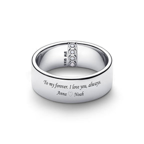 Pandora hopeinen leveä sormus, ulkopinnalla kaiverrus To my forever. I love you, always. Anna ja Noah sekä sydänkoriste