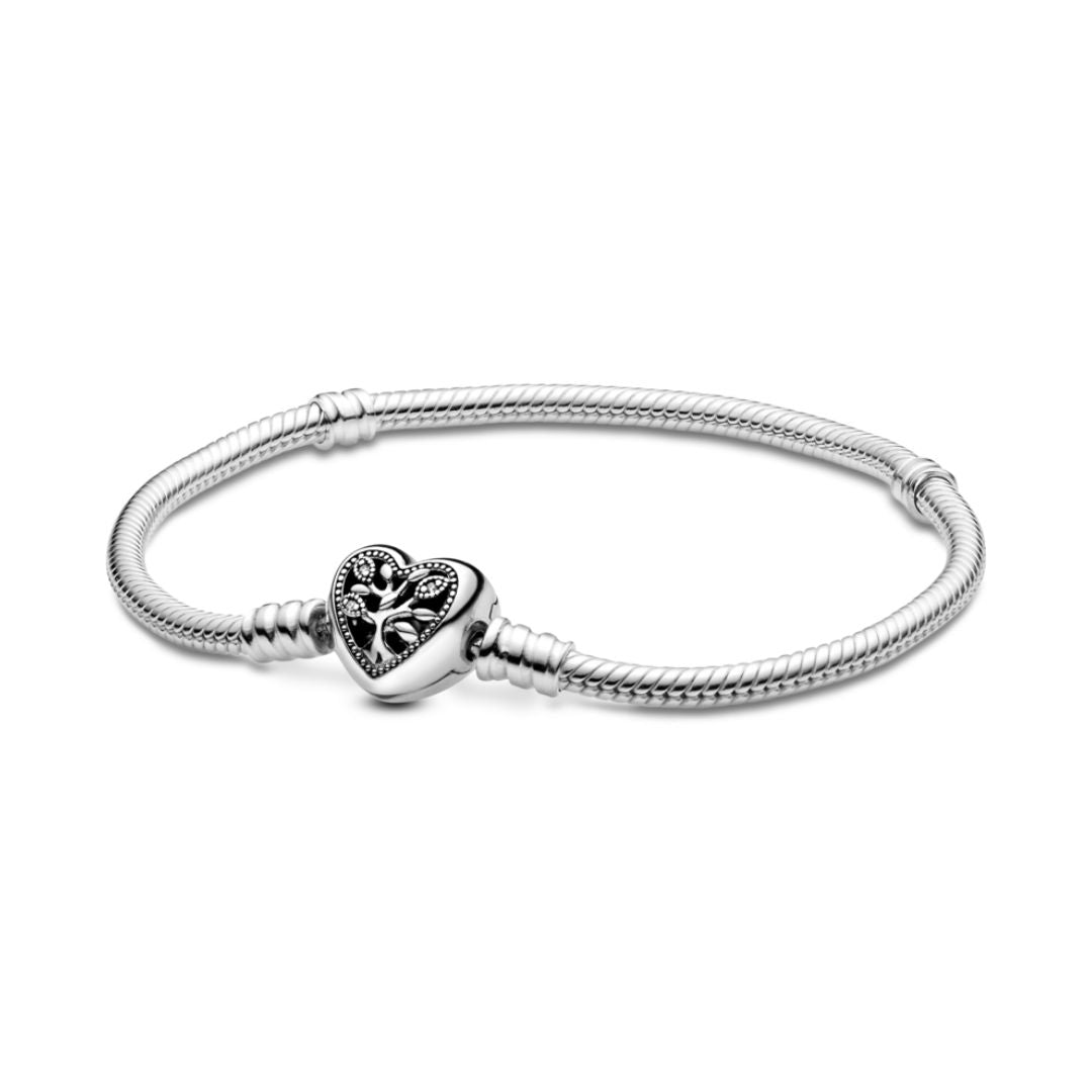 Pandora Moments Family Tree Heart Clasp Snake Chain Bracelet, Silver,