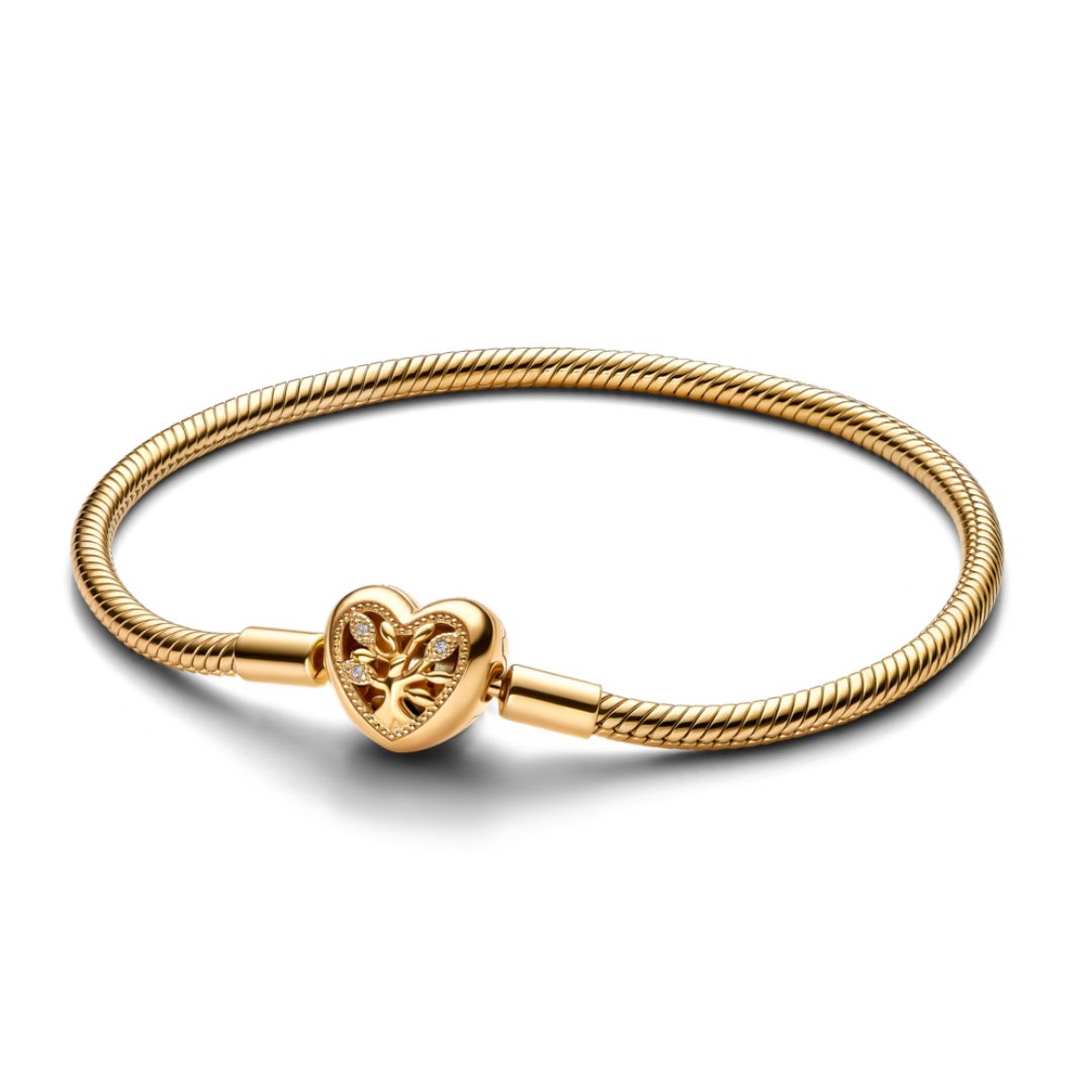 Pandora Moments Family Tree Heart Clasp Snake Chain Bracelet, Yellow G