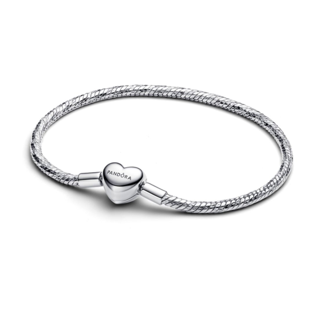 Pandora Moments Heart Clasp Faceted Snake Chain Bracelet, Silver, 5942
