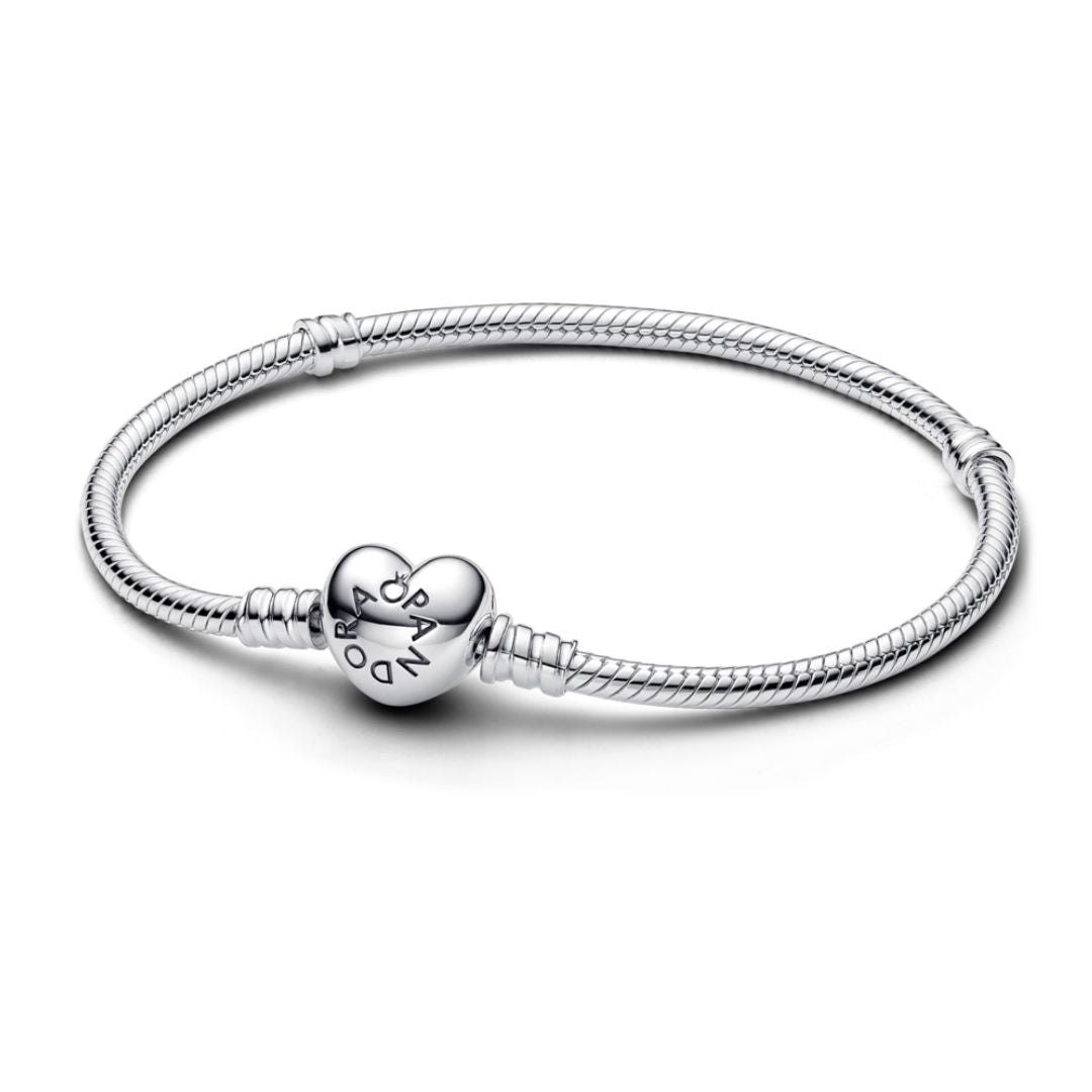 Pandora Moments Heart Clasp Snake Chain, hopea, 590719