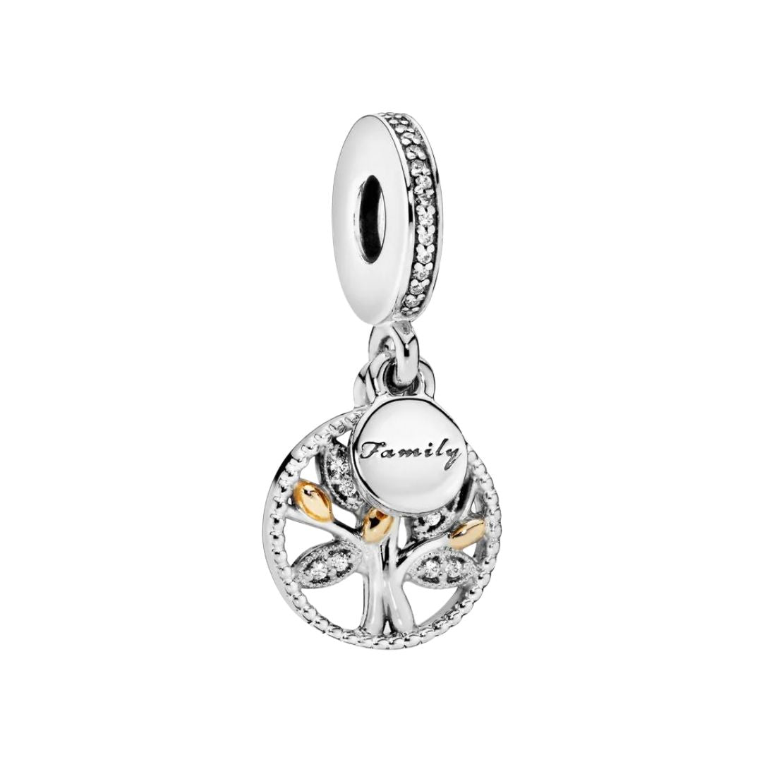 Pandora Moments Sparkling Family Tree Dangle hela, hopea ja keltakullattu, 791728CZ