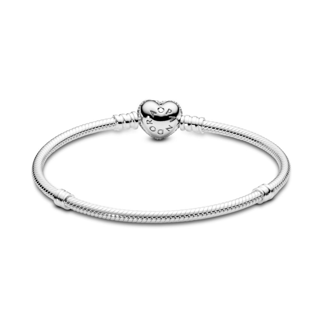 Pandora Moments Sparkling Heart & Snake Chain rannekoru, hopea, 590727CZ