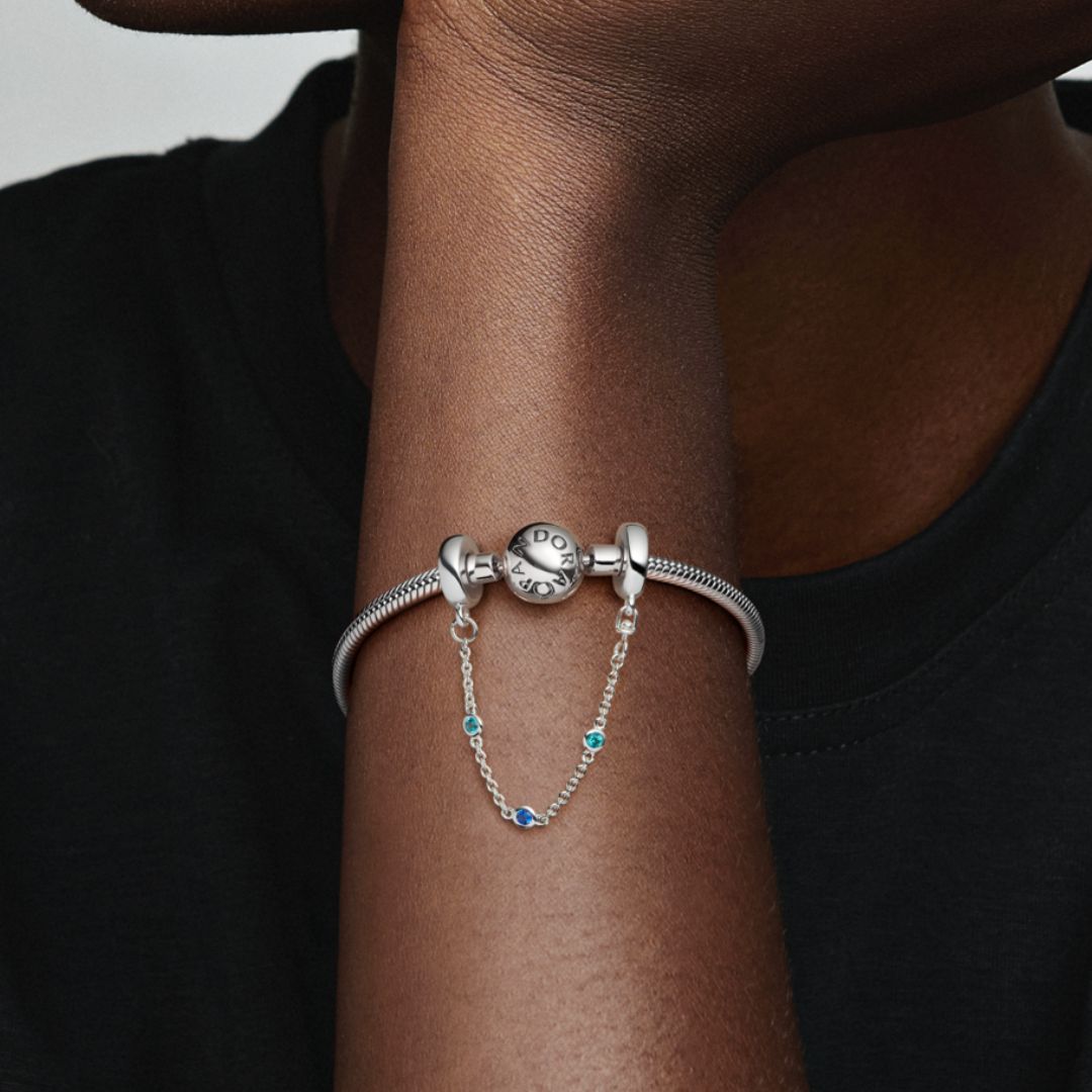 Pandora Moments Triple Blue Stone Safety Chain Charm, Silver, 791688C0
