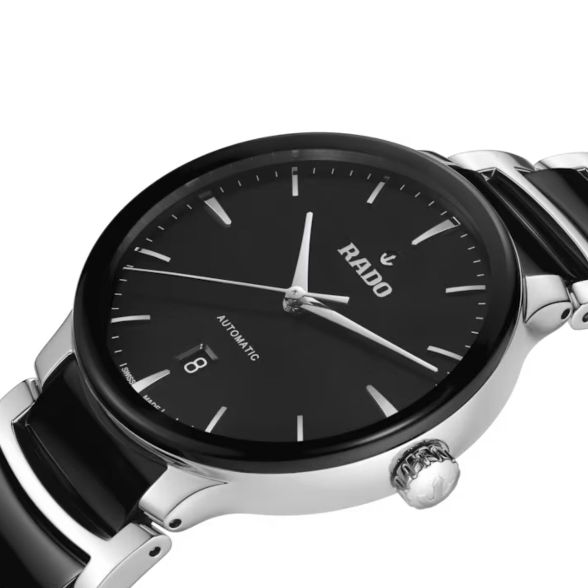 Rado automaattinen rannekello mustalla kellotaululla hopeanmustalla rannekkeella ja päivämääränäytöllä