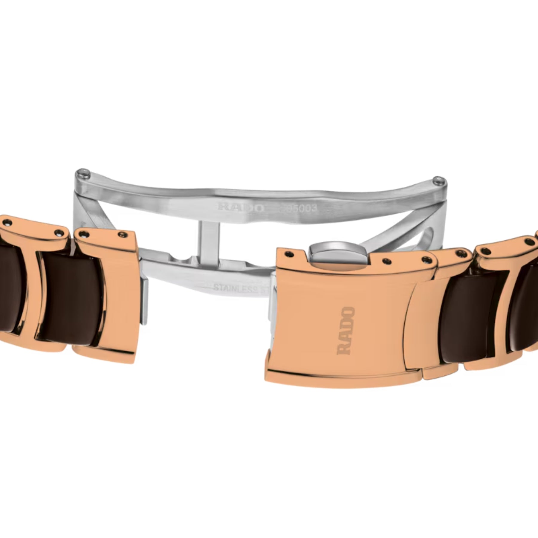 Rado rannekellon ruusukullanvärinen taittolukko ja ruskeat keraamiset rannekkeen osat takaapäin