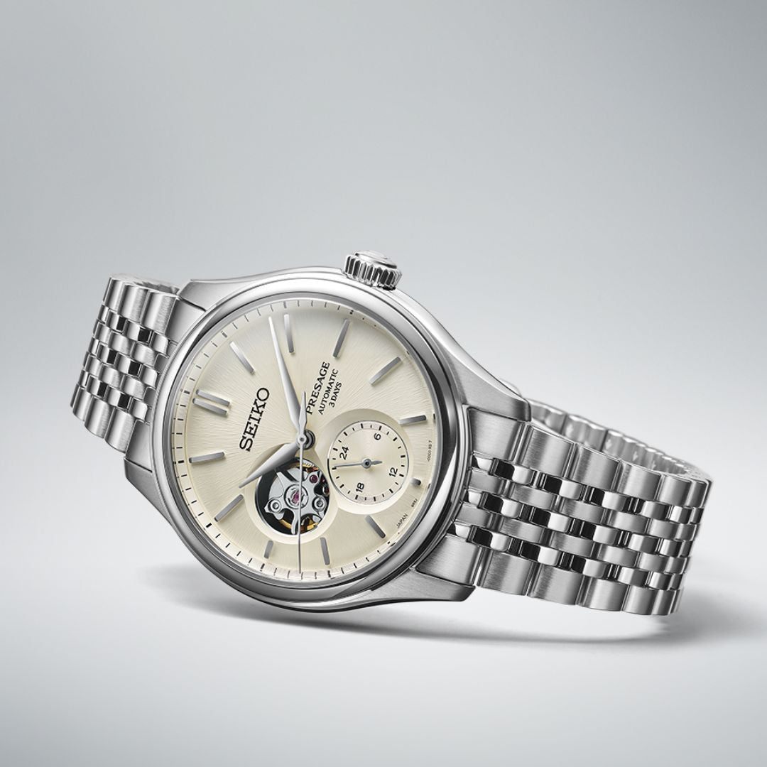 Seiko Presage Classic Series Open Heart SPB469J1 miesten rannekello keltaisella taululla