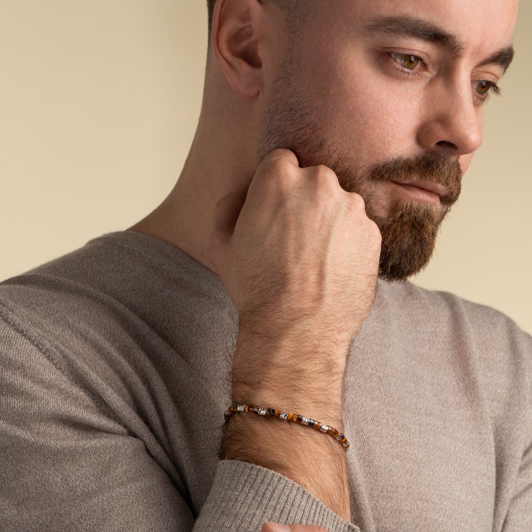 Stelle Bracelet, Steel Pieces and Tiger Eye Stone Pearls