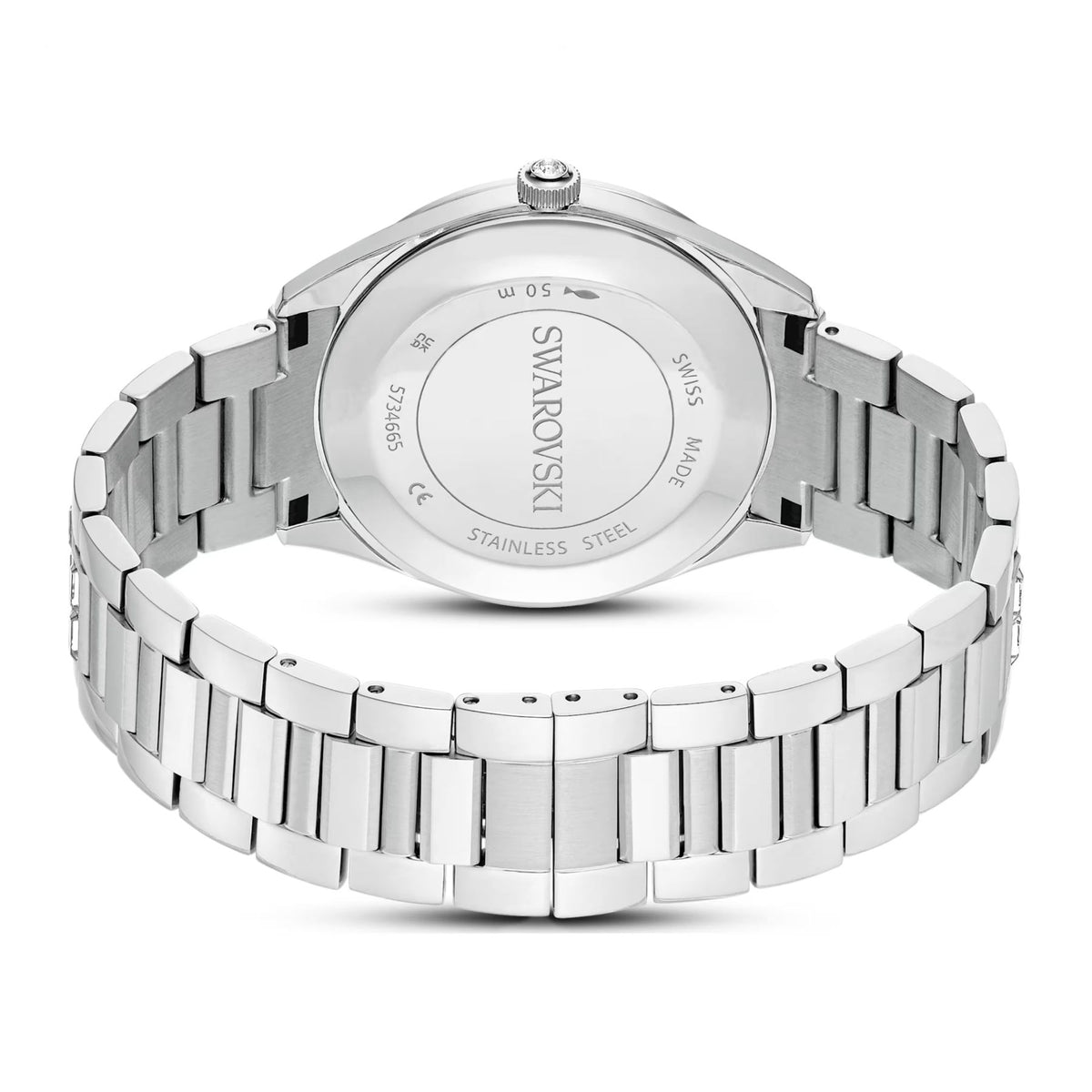 Swarovski-rannekellon takapuoli, teräksinen ranneke ja kaiverrettu takakansi valkoista taustaa vasten
