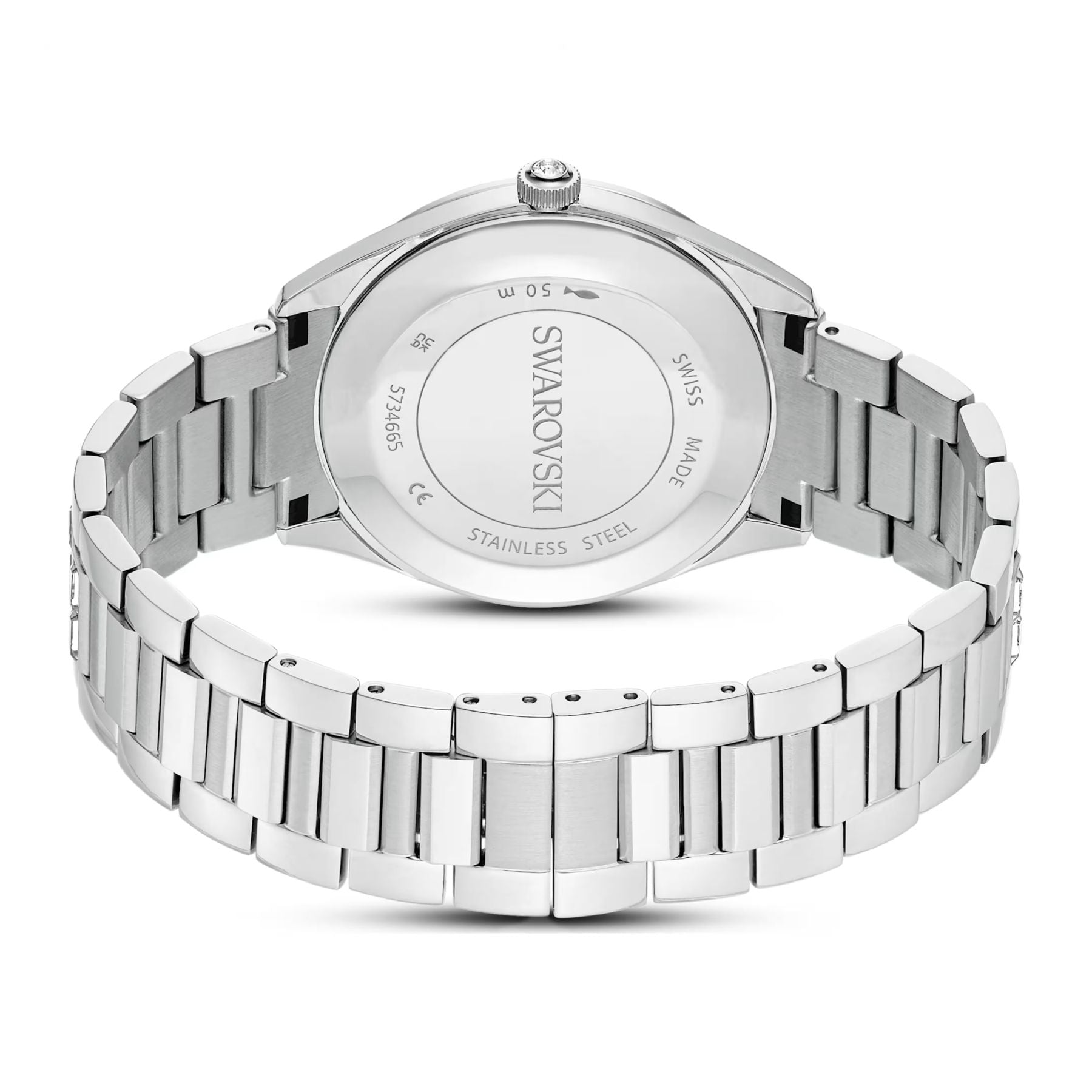 Swarovski-rannekellon takapuoli, teräksinen ranneke ja kaiverrettu takakansi valkoista taustaa vasten