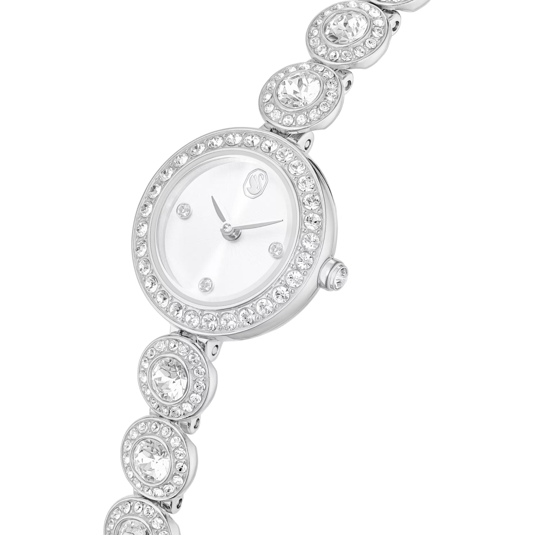 Swarovski hopeansävyinen rannekello, valkoinen kellotaulu ja säihkyvillä kristalleilla koristeltu ranneke