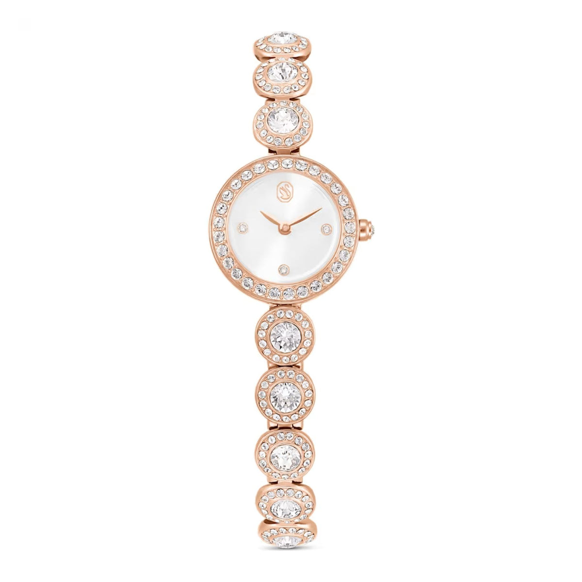 Swarovski rosekullattu rannekello, vaalea kellotaulu ja säihkyvillä kristalleilla koristeltu ranneke