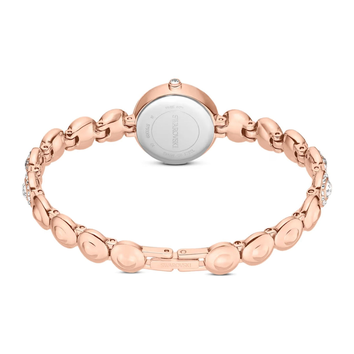 Swarovski rosekullattu rannekello takaa, kristallein koristeltu ranneke ja pyöreä kellon takakansi