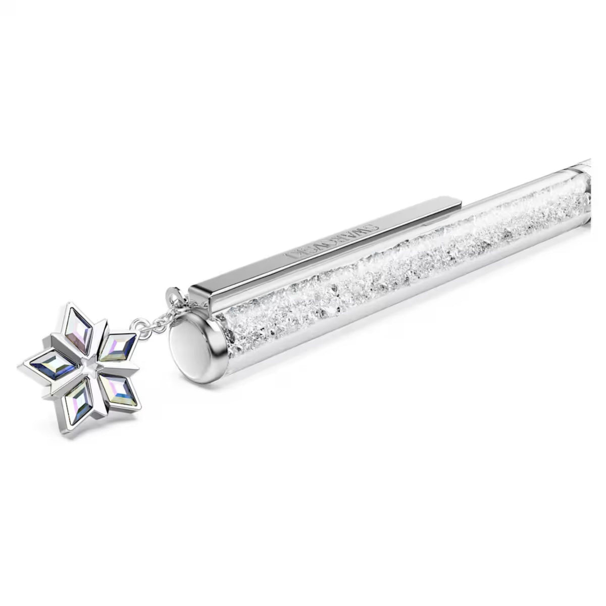 Valkoinen ja krominsävyinen Swarovski kuulakärkikynä kirkkailla kristalleilla ja koristeellisella lumihiutaleella