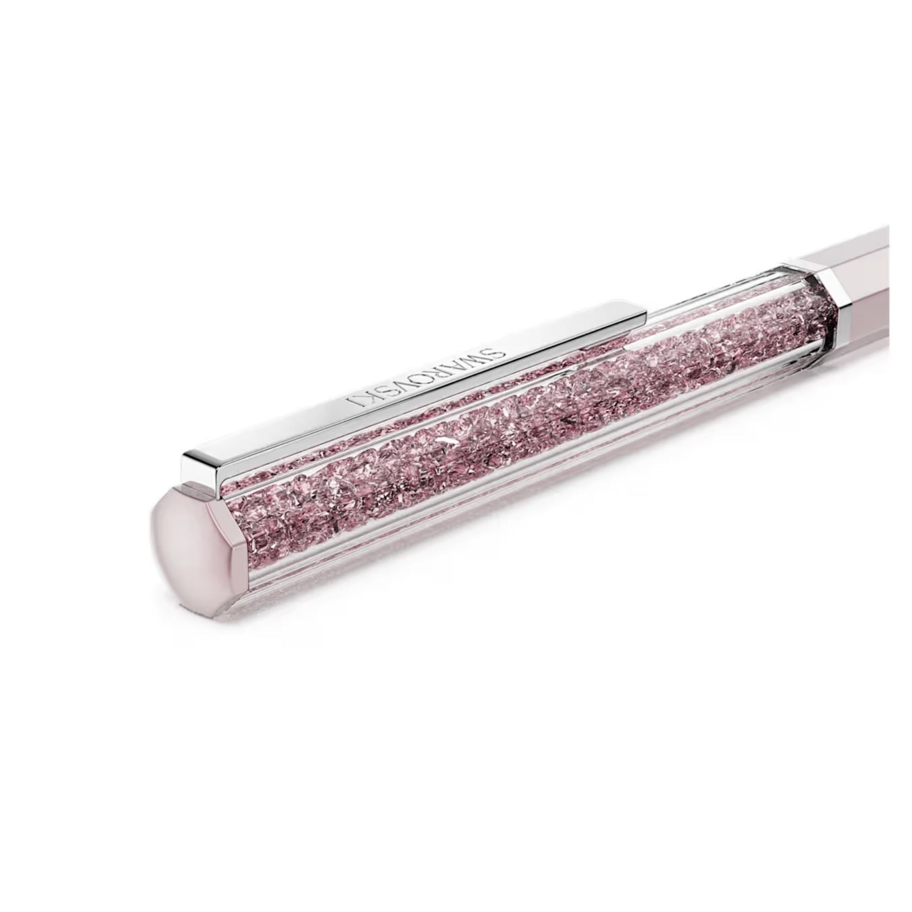 Swarovskin vaaleanpunainen Crystalline-kuulakärkikynä, krominväriset yksityiskohdat ja säihkyvät vaaleanpunaiset kristallit.