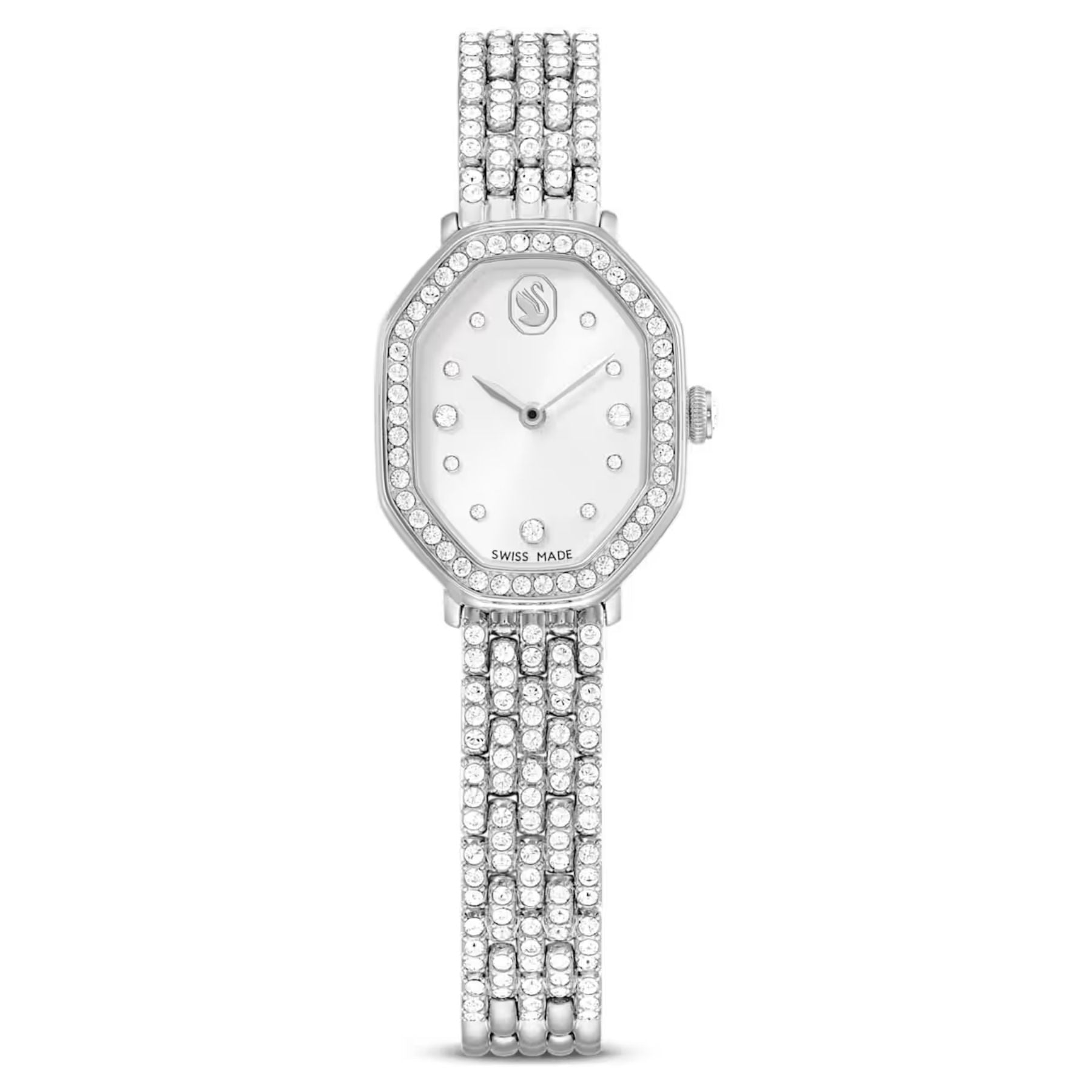 Swarovski rannekello hopeanvärisellä kahdeksankulmaisella teräskuorella, vaalealla kellotaululla ja kristallikoristeisella rannekkeella