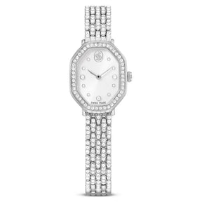 Swarovski rannekello hopeanvärisellä kahdeksankulmaisella teräskuorella, vaalealla kellotaululla ja kristallikoristeisella rannekkeella