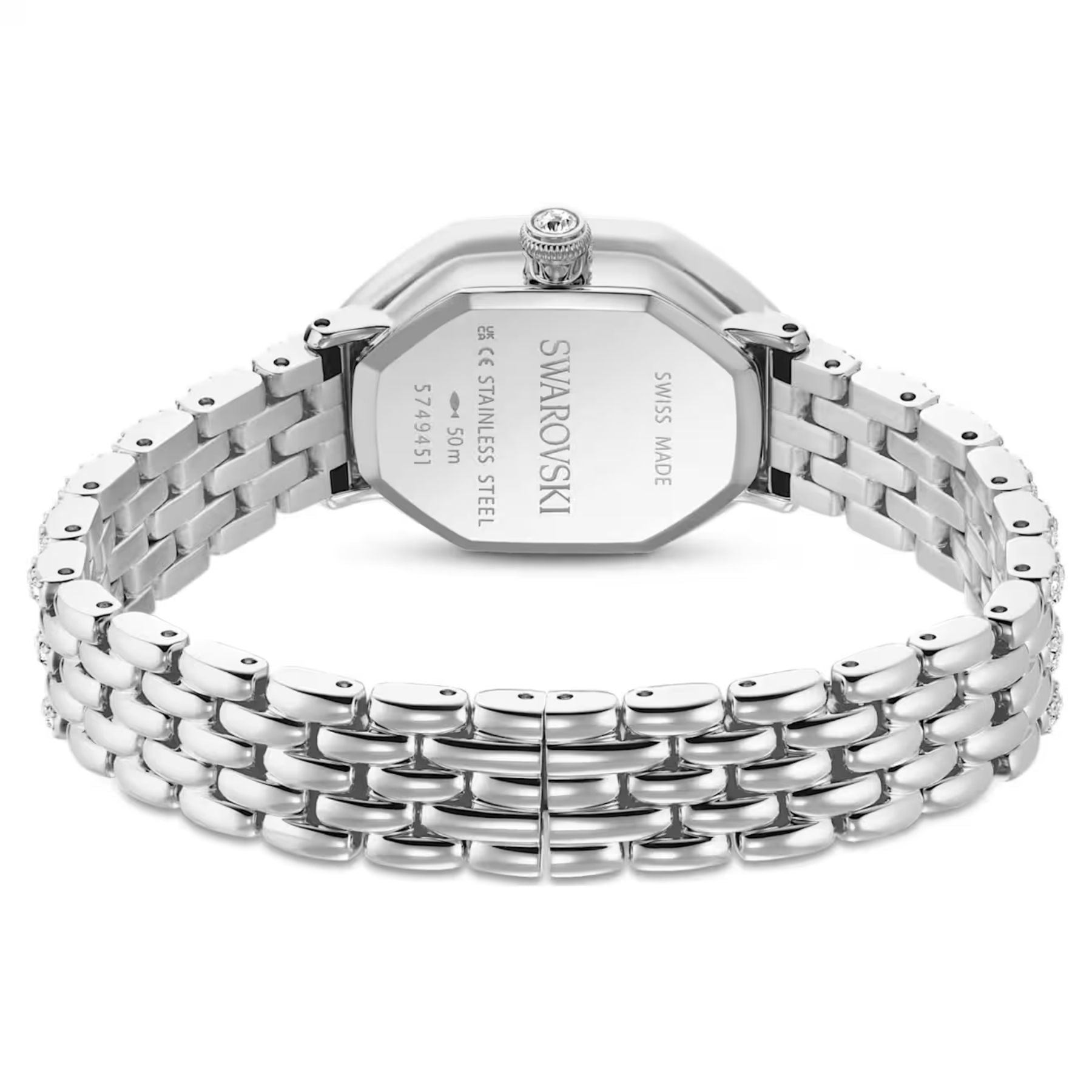 Swarovski rannekellon takanäkymä, hopeanvärinen teräskuori ja monirivinen teräsranneke näkyvät selkeästi.