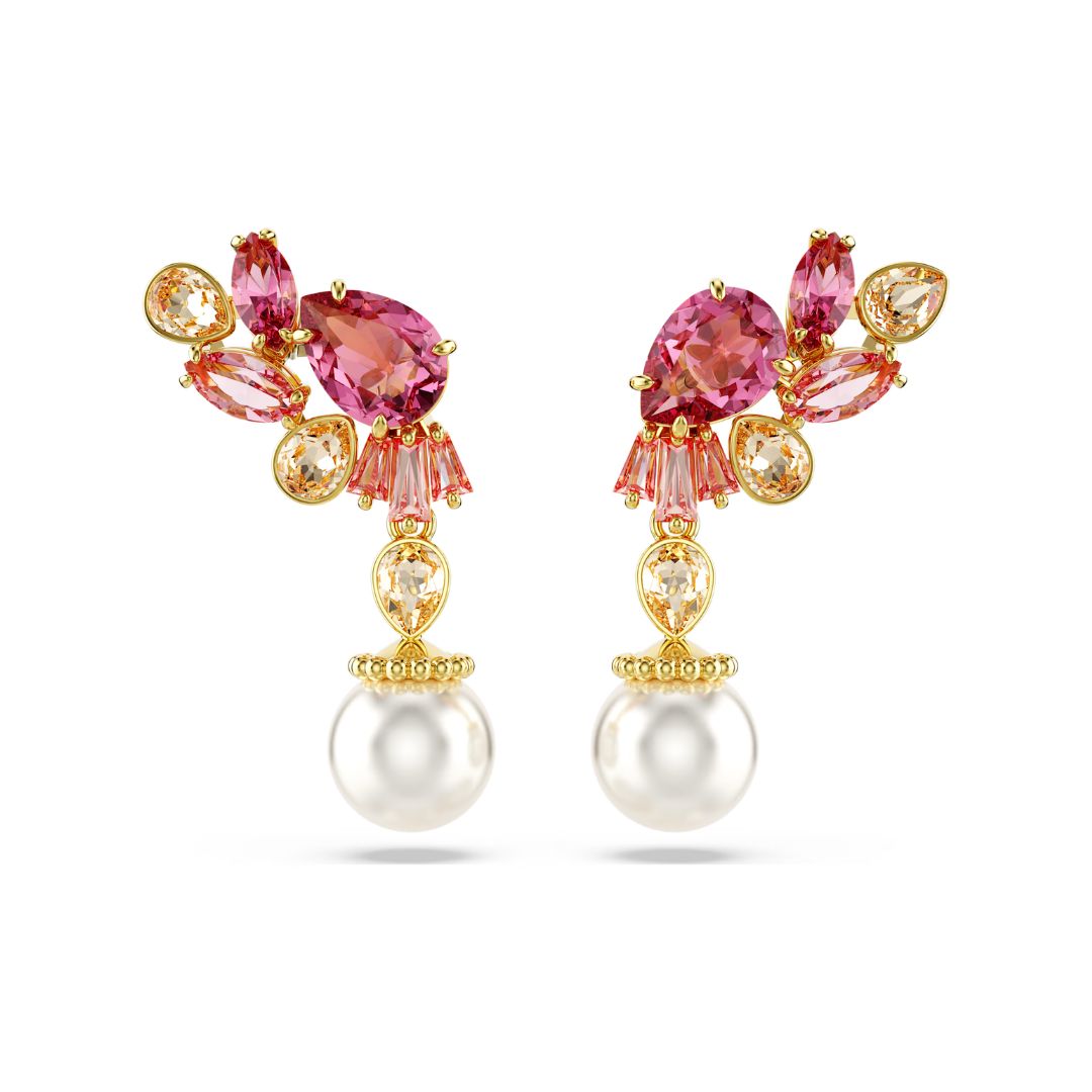 Swarovski Gema Earrings, Yellow Gold-Tone and Pink Crystals, 5688486