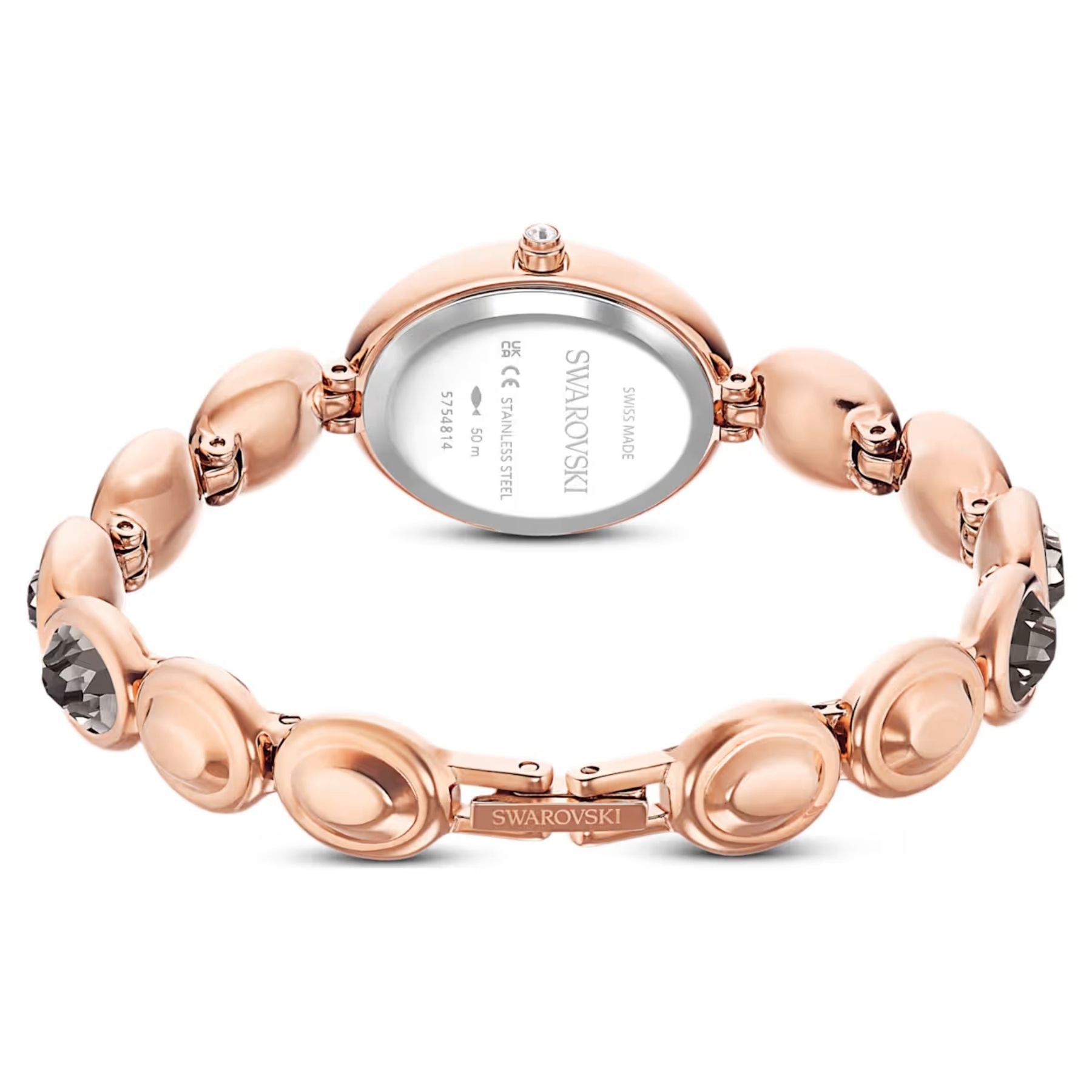Swarovski-rannekellon ruusukultainen takaosa, ovaali teräskuori ja tummilla kristalleilla koristeltu ranneke