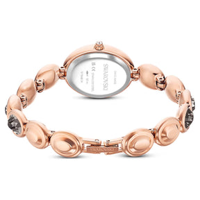 Swarovski-rannekellon ruusukultainen takaosa, ovaali teräskuori ja tummilla kristalleilla koristeltu ranneke