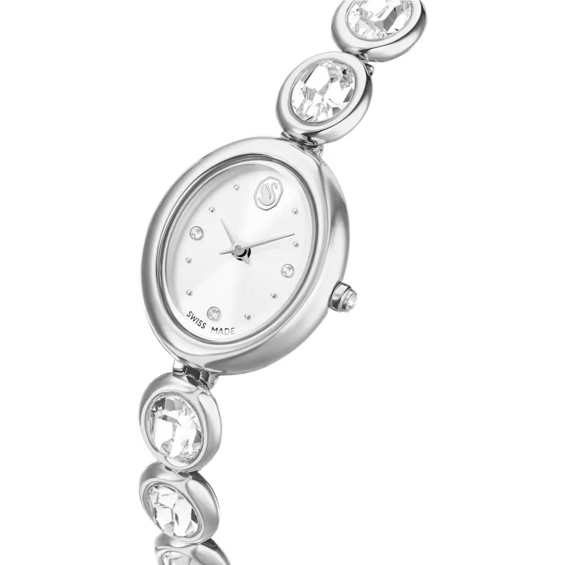 Swarovski rannekello vaalealla ovaalilla metallikuorella sekä kirkkailla kristalleilla koristellulla kellotaululla ja rannekkeella