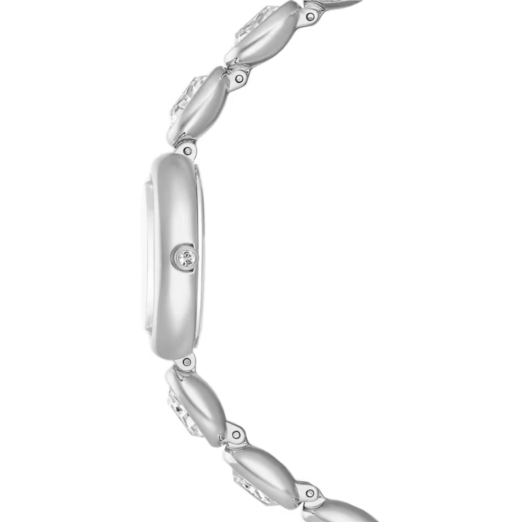 Swarovski Imber Oval rannekello sivuprofiilissa vaalea ovaali teräskuori ja kirkkailla kristalleilla koristeltu metalliranneke