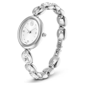 Swarovski Imber Oval -rannekello vaaleassa metallissa, ovaali kellotaulu, kirkkaat kristallit ja teräksenväriset viisarit.