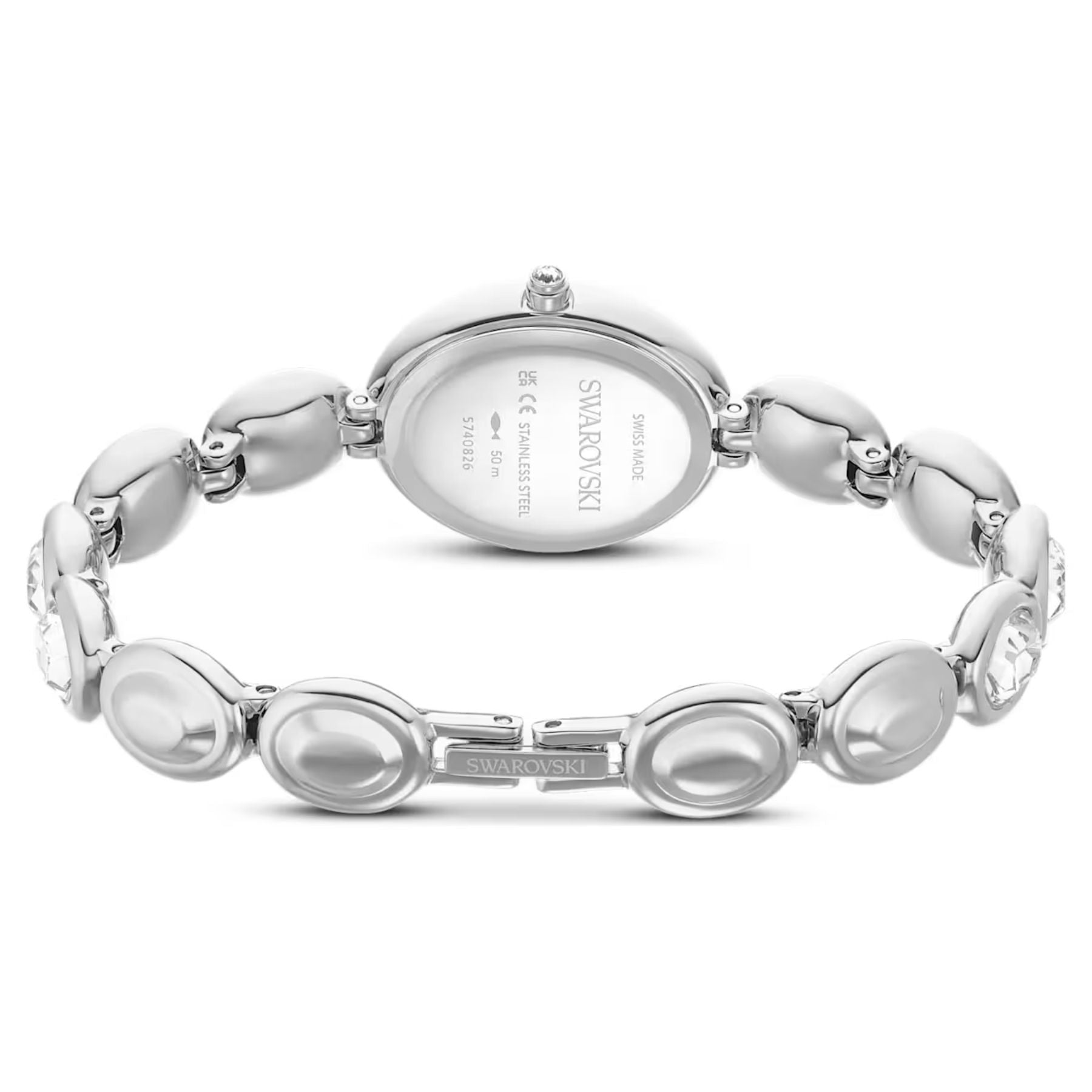 Swarovski rannekello takaa, ovaali hopeanvärinen teräskuori ja ovaaleista osista koostuva metalliranneke