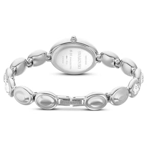 Swarovski rannekello takaa, ovaali hopeanvärinen teräskuori ja ovaaleista osista koostuva metalliranneke