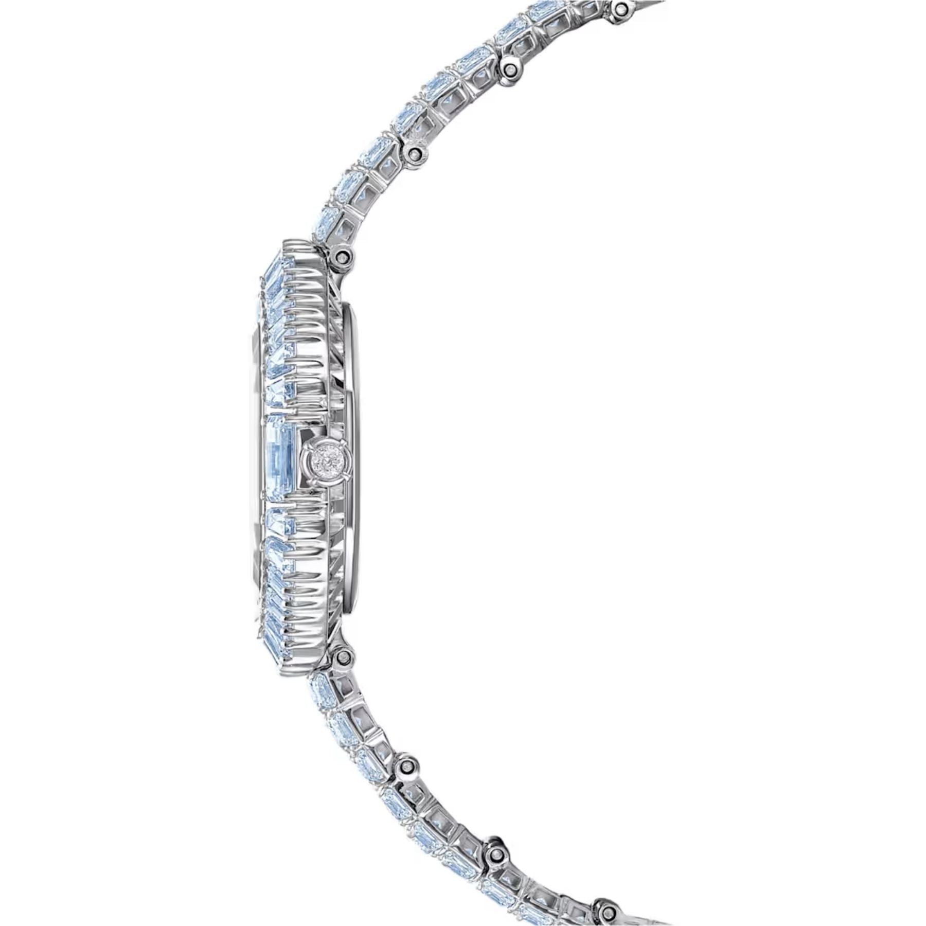 Swarovski Matrix -rannekellon sivuprofiili, hopeanvärinen teräskuori ja sinisillä sekä kirkkailla kristalleilla koristeltu ranneke.