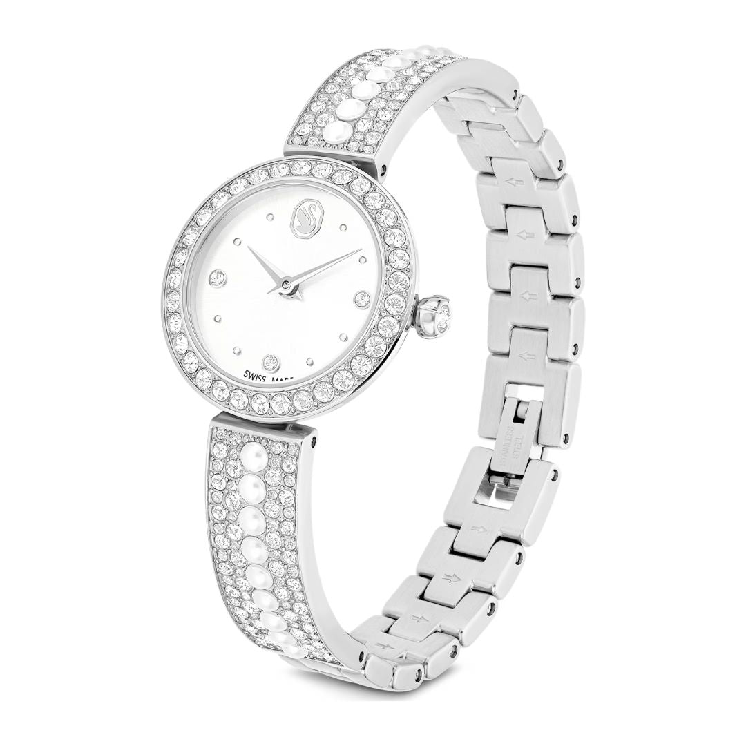 Swarovski Matrix pearl bangle rannekello, hopeanväri, valkoiset helmet ja kirkkaat kristallit, 5743680