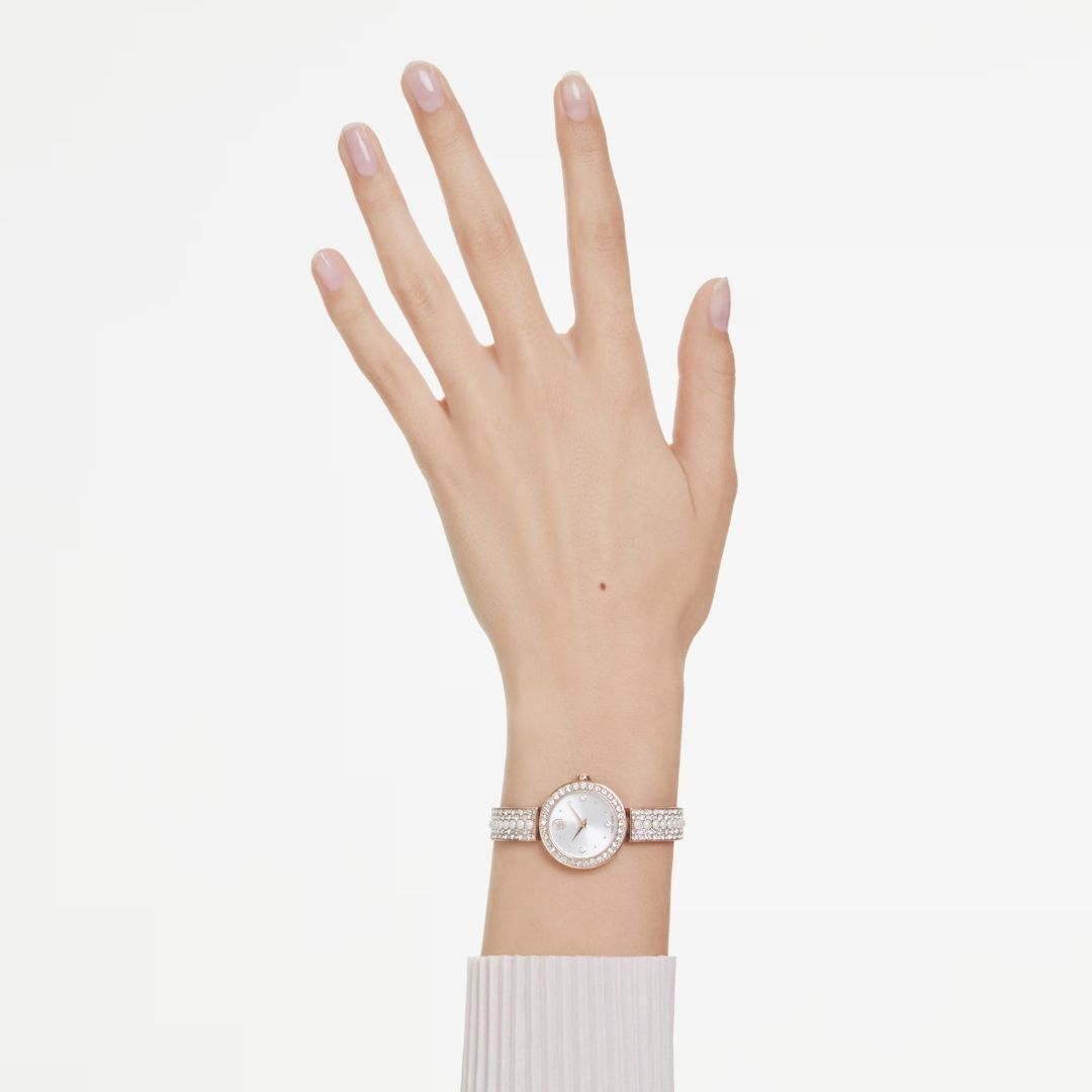 Swarovski Matrix pearl bangle rannekello, ruusukullanväri, valkoiset helmet ja kirkkaat kristallit, 5705406