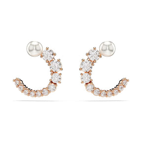 Swarovski Matrix Hoop Earrings, Rose Gold Color with  White Crystals and White Pearl 5692264