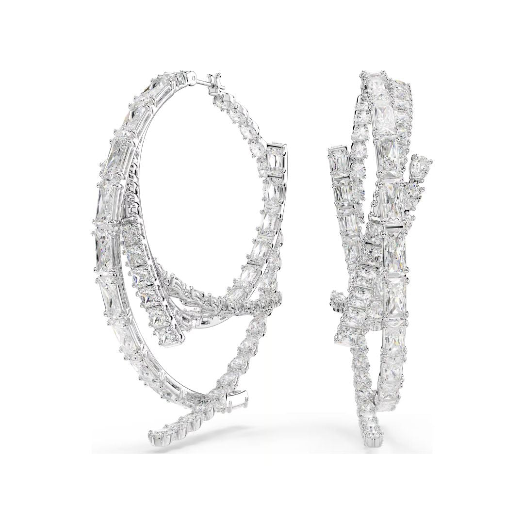 Swarovski Matrix Hoop Earrings, Rhodium Plated Metal and White Crystal