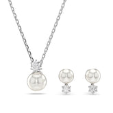 Swarovski Matrix riipus ja korvakorut, vaalea metalli kirkkaalla kristallilla ja valkoisella helmellä 5689624
