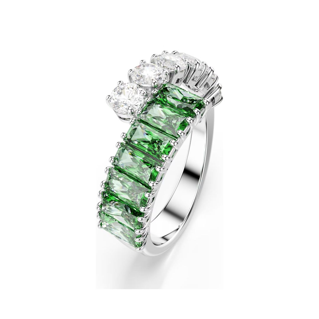 Swarovski Matrix sormus, vaalea metalli, kirkkaat ja vihreät kristallit
